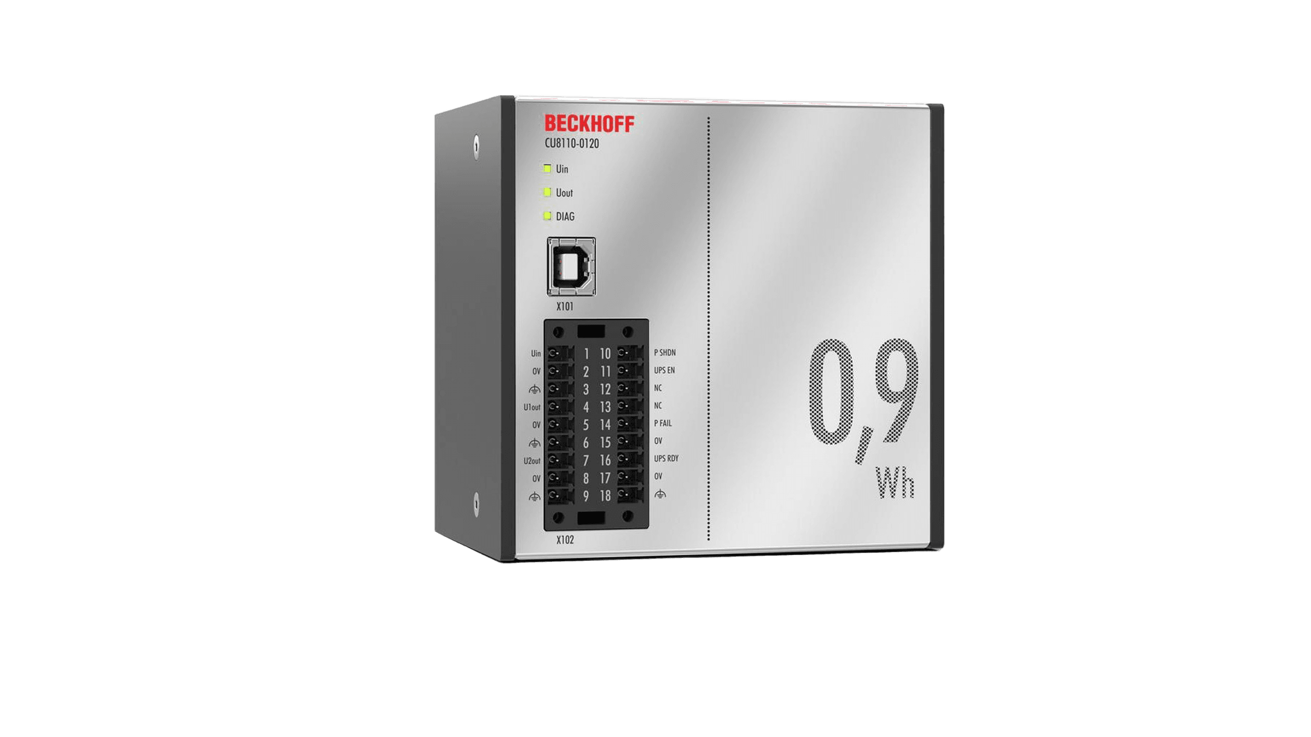 CU8110-0120 | DC-UPS-moduuli; kotelo: DIN-kiskoon TS35×15 asennettava 2,3 mm metallikotelo; tallennustekniikka: EDLC (kapasitiivinen); kapasiteetti: 0,9 Wh, tuotekuva 1