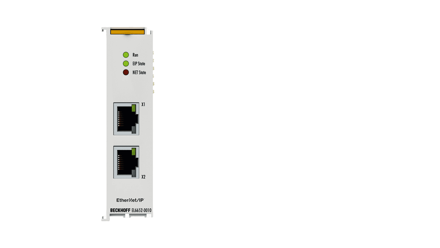EL6652-0010 | kenttäväylän tiedonsiirtomoduuli; tekniikka: EtherNet/IP™-sovitinliitinmoduuli; kanavien määrä: 1; porttien määrä: 2 (kytketty), tuotekuva 1